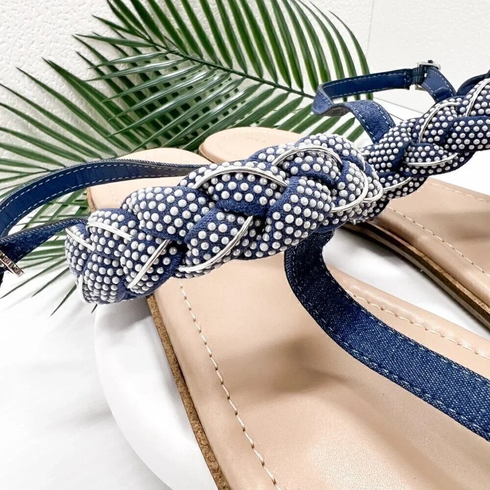 Draper James Blue Julianna Braided Embellished T-Strap Flat Sandals Size 10